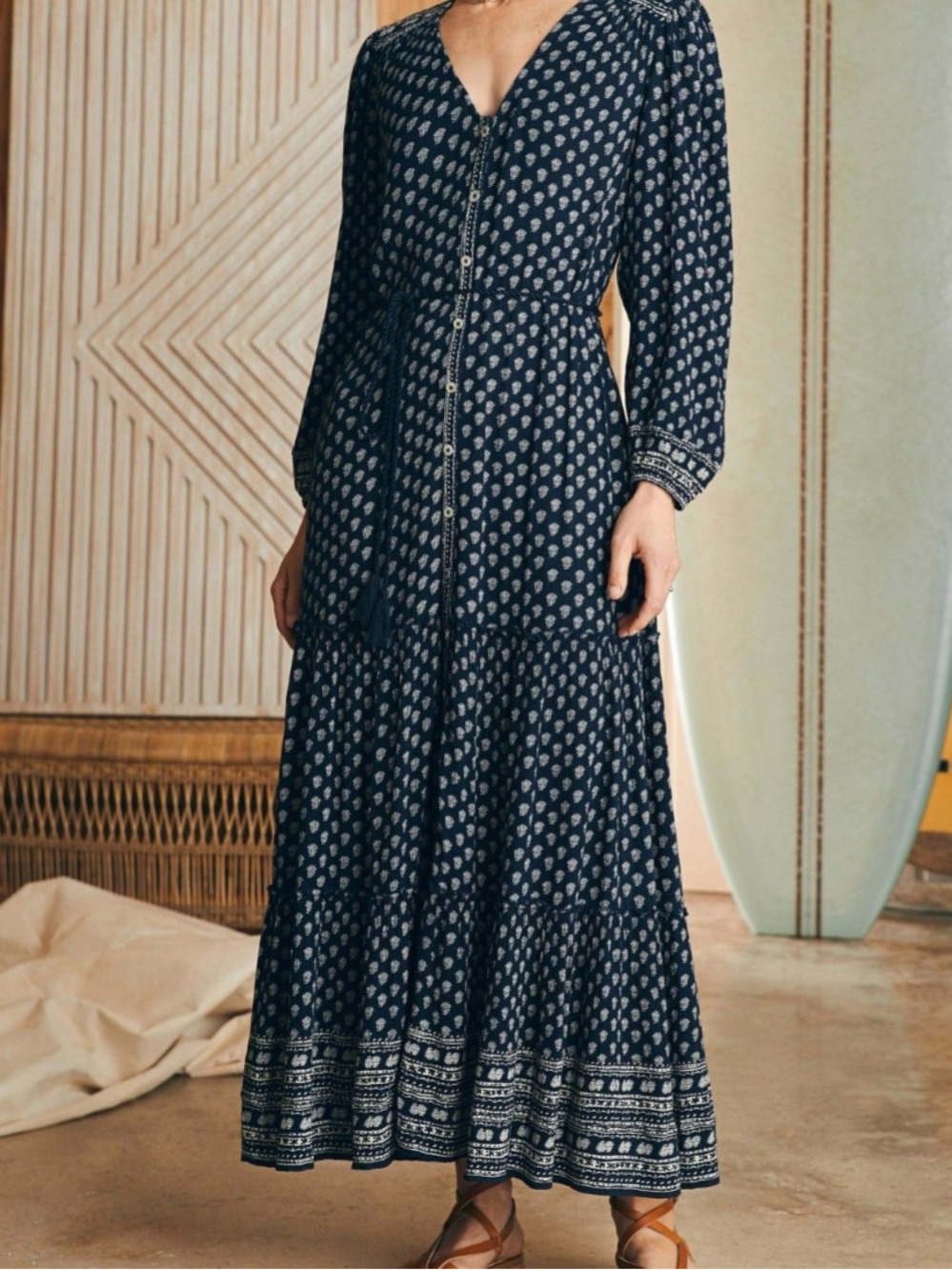 Faherty Orinda Navy Printed Button-Front Maxi Dress